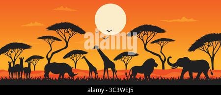 Afrikanische Wildlife Silhouetten in Savannah am Sonnenuntergang Vektor Illustration. Stock Vektor