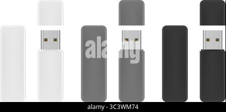 Modell des USB-Flash-Laufwerks. Weiße, graue und schwarze Gadgets. Öffnen und Schließen der Kappe. Speichergerät Stock Vektor