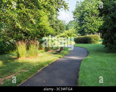 Ein gewundener gepflasterter Pfad schlängelt sich durch einen üppig grünen Park und bietet einen ruhigen Spaziergang. Stockfoto