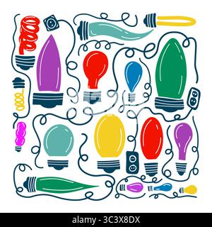 Satz farbiger Glühlampen. Handzeichnung. Nicht AI. Vektorabbildung Stock Vektor