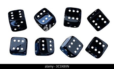 Dunkelblaue Würfel auf isoliertem Hintergrund. Zufällige rollende Würfelwürfel. Hochglanzwürfel für Glücksspiele. 3D-Rendering Stockfoto