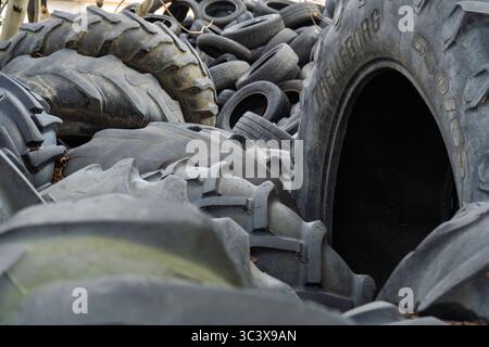 Unordentlicher Stapel von gebrauchten Pkw- und Agrarreifen auf einem Schrottplatz, bereit für das Recycling, was die Bedenken hinsichtlich der Umweltabfälle deutlich macht. Stockfoto