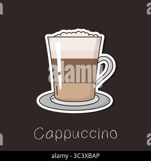 Kaffee Cappuccino mit Schlagsmilch in einer Glasschale. Flache Vektor-Illustration für Café-Menü, Aufkleber, Symbole, Karte, Poster, Tag, Scrapbooking. Stock Vektor