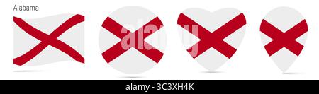 Alabama US State schwenkende Flagge, runder Kreis Aufkleber, herzförmiges Symbol, Kartennadel. Flaggenschaltflächen unterschiedlicher Formen. Abbildung isoliert auf weiß Stockfoto