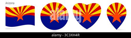 Arizona US-Bundesstaat, schwenkende Flagge, runder kreisförmiger Aufkleber, herzförmiges Symbol, Kartennadel. Flaggenschaltflächen unterschiedlicher Formen. Abbildung isoliert auf weiß Stockfoto