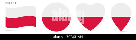 Polen schwenkende Flagge, runder kreisförmiger Aufkleber, herzförmiges Symbol, Kartennadel. Polnische Flaggenknöpfe in verschiedenen Formen. Abbildung isoliert auf weiß. Stockfoto