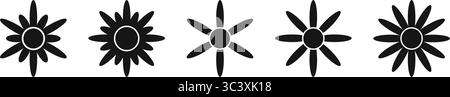 Satz schwarzer Blumenformen. Daisy-, Chrysantheme- oder Gerbera-Silhouetten isoliert auf weißem Hintergrund. Elemente im Blumendesign. Vektorgrafik. Stock Vektor