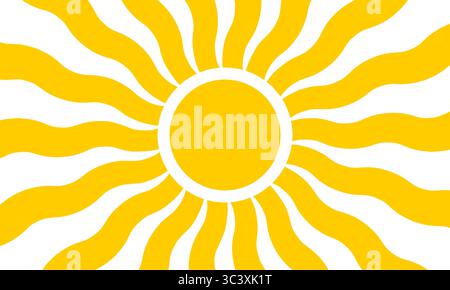 Gelbe Sonne mit welligen Strahlen Hintergrund. Poster mit Sonnenschein, Sonnenaufgang oder Sonnenuntergang in groovigem Stil. Cooler Sommer-Hintergrund. Gutes Vibes-Konzept. Moderner psychedelischer Druck. Illustration der Vektorabwicklung. Stock Vektor
