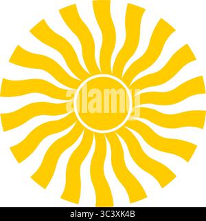 Groovige Sonnensilhouette. Wellige gelbe Sonnenstrahlen. Sonnenschein-, Sonnenlicht- oder Sonnenschein-Zeichen. Symbol für das Sommermotiv. Moderner psychedelischer Druck. Happy positive Vibes Konzept. Illustration der Vektorabwicklung. Stock Vektor