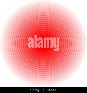 Rote konzentrische Kreise. Symbol für die Schmerzlokalisierung. Wunden, Schmerzen oder Entzündungen. Puls- oder Vibrationszeichen. Radar-, Erdbeben- oder Schallwellenpiktogramm isoliert auf weißem Hintergrund. Vektorabbildung. Stock Vektor