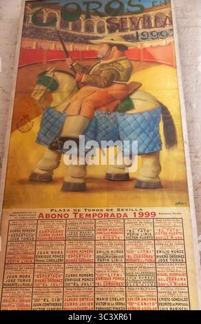 Vintage Stierkampfplan Posterzeichnung, Plaza de Toros Corrida berühmte andalusische Arena aus dem 18. Jahrhundert, Museumsanzeige Wandbild, Sevilla Spanien Stockfoto