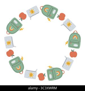 Einfacher Schulkreisrahmen. Runder Schulrand aus verschiedenen Schulobjekten. Weiche Pastellfarben zurück zur Schule Hand gezeichnetes Vektorbanner Stock Vektor