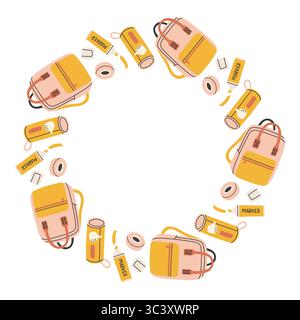 Einfacher Schulkreisrahmen. Runder Schulrand aus verschiedenen Schulobjekten. Weiche Pastellfarben zurück zur Schule Hand gezeichnetes Vektorbanner Stock Vektor