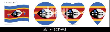 Swasiland schwenkende Flagge, runder kreisförmiger Aufkleber, herzförmiges Symbol, Kartennadel. Eswatini-Flaggenknöpfe in verschiedenen Formen. Vektordarstellung isoliert Stock Vektor