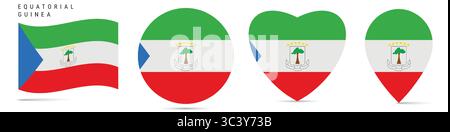 Wehende Flagge Äquatorialguineas, runder kreisförmiger Aufkleber, herzförmiges Symbol, Kartennadel. Flaggenknöpfe der Republik Äquatorialguinea in verschiedenen Formen. Stock Vektor