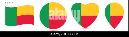 Benin winkende Flagge, runder Kreisaufkleber, herzförmiges Symbol, Kartennadel. Dahomey-Flaggenknöpfe in verschiedenen Formen. Vektordarstellung isoliert auf W Stock Vektor