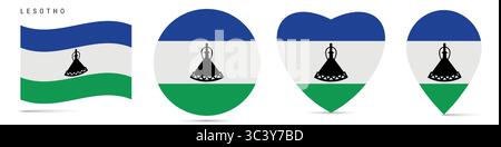 Lesotho schwenkende Flagge, runder Kreisaufkleber, herzförmiges Symbol, Kartennadel. Königreich Lesotho Flaggenknöpfe in verschiedenen Formen. Vektorabbildung Stock Vektor