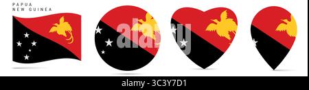 Papua-Neuguinea schwenkende Flagge, runder kreisförmiger Aufkleber, herzförmiges Symbol, Kartennadel. Papua-Flaggenknöpfe in verschiedenen Formen. Vektordarstellung iso Stock Vektor