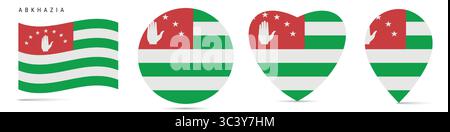 Abchasien winkende Flagge, runder kreisförmiger Aufkleber, herzförmiges Symbol, Kartennadel. Abchasische Flaggenknöpfe in verschiedenen Formen. Vektordarstellung isoliert Stock Vektor