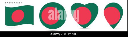 Bangladesch schwenkende Flagge, runder kreisförmiger Aufkleber, herzförmiges Symbol, Kartennadel. Bangladeschische Flaggenknöpfe in verschiedenen Formen. Vektorabbildung isol Stock Vektor