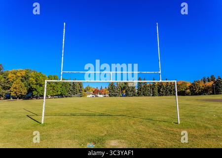 Das Fußballtor steht auf einem Feld mit blauem Himmel im Hintergrund. Das Ziel ist leer und das Feld ist üppig grün. Der A.H. Browne Park befindet sich in Stockfoto