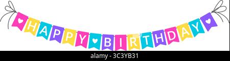 Set aus farbenfrohen Geburtstagsgirlanden mit Fahnen in hellen Farbtönen, mit Text Happy Birthday, perfekt für festliche Designs und Grußkarten Stock Vektor