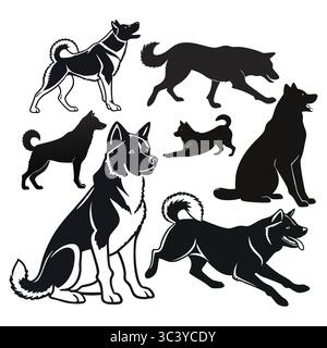 Set von Silhouetten mit verschiedenen Akita-Hunden, die in dynamischen Posen brüten Stock Vektor