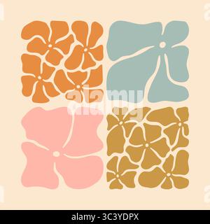 Vier gewellte abstrakte Naive Hippie-Blüten aus den 70er Jahren. Set mit farbigen Gänseblümchen, quadratischem Design. Stock Vektor