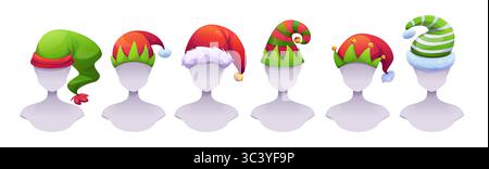 Weihnachts-Elfenhüte-Kollektion auf Schaufensterpuppen-Köpfen - rote und grüne Kostümzubehör mit Glocken, Streifen, Pelzbesatz für Feiertagsparty. Santa Helper Kopfbedeckung - spitz zulaufende Kappen mit festlicher Dekoration Stock Vektor