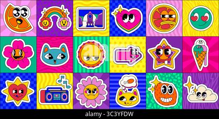 Retro-Pop-Emoticon-Raster mit lebendigen Charakteraufklebern auf psychedelischen Hintergründen – groovige Gesichter und Blumen, Katzen, Herzen und Objekte in kräftigen Farben für nostalgische digitale Collagen und y2k-Design. Stock Vektor