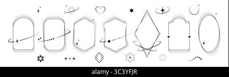 Schwarze Rahmenlinien mit Sternen, Herzen und Himmelskreisen - minimalistische Aura-Designs in ovalen, rechteckigen und rautenförmigen Formen. Unscharfe funkelnde Elemente, geometrische Umrisse für mystische Grafiken. Stock Vektor