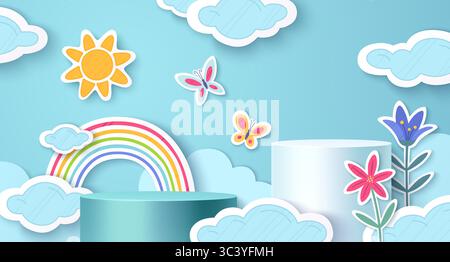Papier geschnittene Regenbogenszene mit blauem Himmel Hintergrund - bunter Bogen, der flauschige Wolken, gelbe Sonne, Schmetterlinge um Zylinderpodien verbindet. Blumen blühen neben Plattformen im mehrschichtigen Papierstil. Stock Vektor