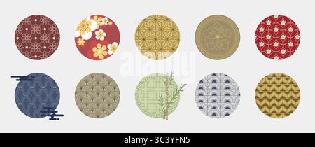 Kollektion mit asiatischen Kreisornamenten mit japanischen Mustern – Kirschblüten und Bambusstiel, Lotusblüten und traditionellen Wellenmotiven, geometrische Texturränder für orientalische Designelemente. Stock Vektor