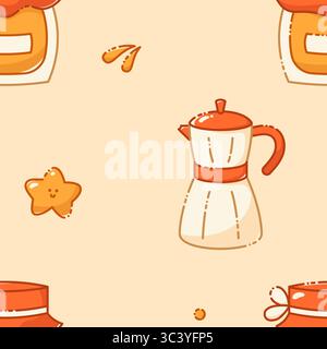 Das nahtlose Kawaii-Muster sorgt für ein in Pastellfarben gezeichnetes Kaffeematerial. Inklusive Geysir-Kaffeemaschine, Marmelade, Stern. Stock Vektor
