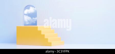 Gelbe Plattform mit aufsteigender Treppe und Blick auf den Himmel durch Bogenfenster - minimalistische geometrische Stufen führen nach oben, Wolkenreflexion durch den Türbogen darüber. Architekturelement für Präsentationen. Stock Vektor