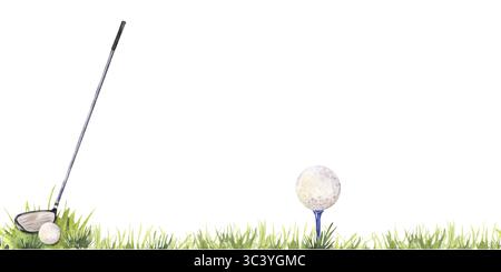 Nahtloser Rand des Golfschlägers, der Ball auf dem Gras in Aquarellfarben schlägt Stockfoto