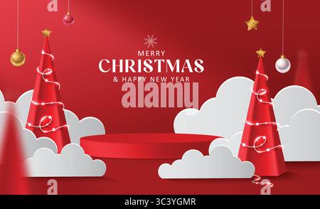 Aus Weihnachtspapier geschnittene Wolken, Weihnachtsbaum mit hängenden Weihnachtsdekorationselementen und Podium in roter Vorlage. Stock Vektor