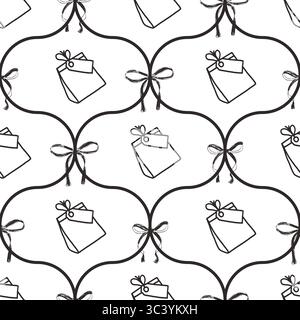 Nahtloses Muster mit Coquette Party Buntstift. Monochrome Ogee Party endloser Hintergrund. Mädchenhaftes, festliches Schwarz-weiß-Repeater-Cover. Geburtstag des Oberflächenmusters Stock Vektor