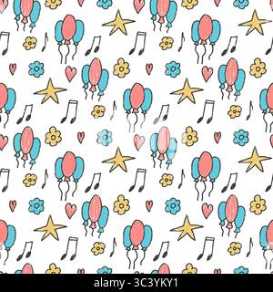 Nahtloses Muster für Geburtstagsfeier für Kinder. Festliche Kritzelsterne und Ballons endloser Hintergrund. Handgezeichneter Notenschein kindlicher durchgehender Cover. Vec Stock Vektor