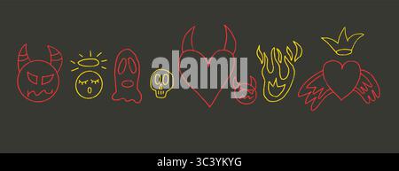 Teufel, Engel und Herzen Buntstift gezeichnet Set. Punk Love Doodle Hintergrund. Scribble Grunge-Elemente. Herzen, Feuer und Zeichnungslinie. Vektorillustratio Stock Vektor