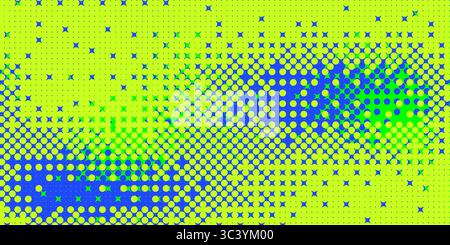 Blauer und grüner Comic-Hintergrund im Halbton. Abdeckung für Rauschartengradienten in monochromer Ausführung. Pixelüberlagerung mit fehlerhaften Pixeln. Ein chaotisches, breites Banner. Vektor ab Stock Vektor