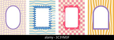 Funky Retro-Rahmen mit groovigem Schachbretthintergrund. Set lustige Kinderränder mit Wellenkanten in Muschelmuscheln. Textfelder und Callout-Vorlagen für Einladungen Stock Vektor