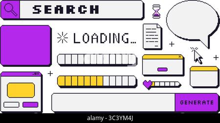 Pixelart-Fenster-Schnittstellen und Sprechblasen-Set. 8-Bit-Frames und Spielsymbole. 90er Jahre Callouts und Internet-Elemente. Ladebalken, Suche und Rahmen Stock Vektor