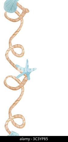 Nahtlose Mustervorlage. Aquarell Sommer vertikale Illustration im nautischen Stil mit Sternen und Seilen. Handgezeichnete Abbildung. Für Sommerpostkarten, Stockfoto