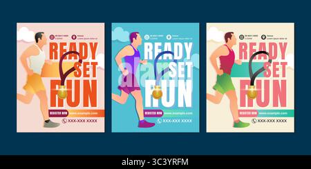 Moderne und energiegeladene Vorlagen für soziale Medien, die Laufveranstaltungen oder Marathons fördern. Enthält fettgedruckte Typografie, Illustration des Angusskanals und Registrierung Stock Vektor