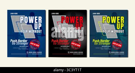 Kühne und energiegeladene Social-Media-Vorlage für Fitness- oder Fitnessaktionen. Perfekt für Fitnesscenter, Werbespots im Fitnessstudio oder persönliches Training Marketing. Stock Vektor
