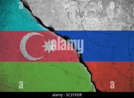 Konzeptuelles Bild des Krieges zwischen Russland und Aserbaidschan, mit Flagge und Silhouette Stockfoto