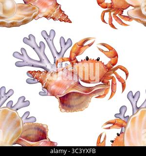 Aquarellillustration von orangen Krabben mit Muscheln und Korallen in nahtlosem Muster auf weißem Hintergrund. Perfekt für Textilien, Tapeten, Geschenkpapier, Verpackungen und Karten. Stockfoto