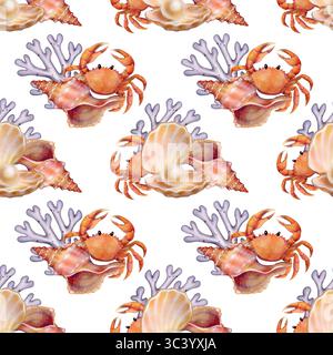 Aquarellillustration von orangen Krabben mit Muscheln und Korallen in nahtlosem Muster auf weißem Hintergrund. Perfekt für Textilien, Tapeten, Geschenkpapier, Verpackungen und Karten. Stockfoto