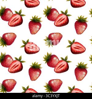 Nahtloses Muster mit ganzen und geschnittenen Erdbeeren. Aquarellzeichnung in realistischem Stil. Isoliert auf weißem Hintergrund. Geeignet für Stoff, Verpackung, Geburtstagskarte oder Hochzeitsdesign. Stockfoto